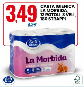 CARTA IGIENICA LA MORBIDA, 12 ROTOLI, 3 VELI, 180 STRAPPI