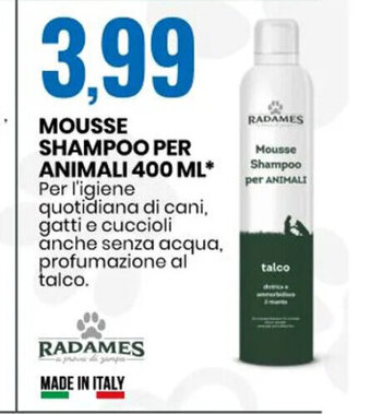 Eurospin MOUSSE SHAMPOO PER ANIMALI 400 ML* Per l'igiene quotidiana di cani, gatti e cuccioli anche senza acqua, profumazione al talco offerta