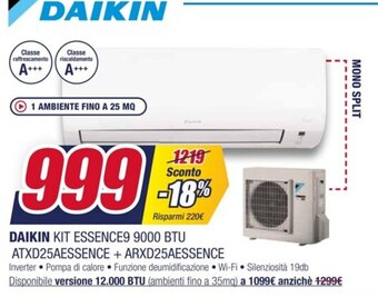 Trony DAIKIN KIT ESSENCE9 9000 BTU ATXD25AESSENCE + ARXD25AESSENCE offerta
