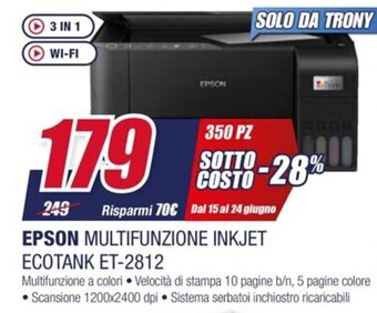Trony EPSON MULTIFUNZIONE INKJET ECOTANK ET-2812 offerta