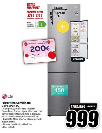 MediaWorld LG Frigorifero Combinato GBP62PZNBC offerta