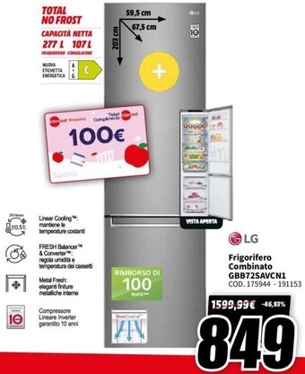 MediaWorld LG Frigorifero Combinato GBB72SAVCN1 offerta