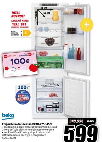 MediaWorld beko Frigorifero da Incasso BCNA275E4SN offerta