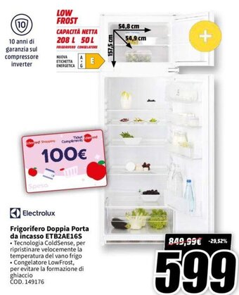 MediaWorld Electrolux Frigorifero Doppia Porta da incasso ETB2AE16S offerta