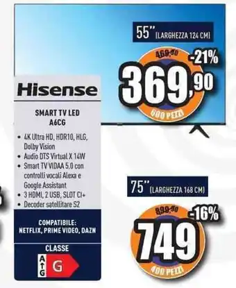 Unieuro Hisense SMART TV LED A6CG 75'' offerta