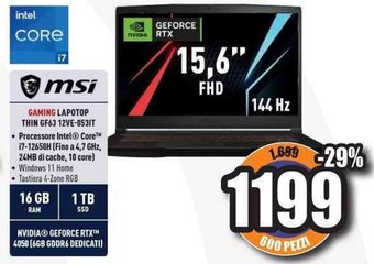 Unieuro msi GAMING LAPOTOP THIN GF63 12VE-053IT offerta