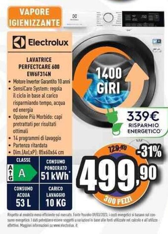 Unieuro Electrolux LAVATRICE PERFECTCARE 600 EW6F314N offerta