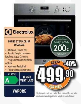 Unieuro Electrolux FORNO STEAM CRISP EOC3S40X offerta