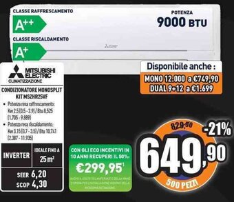 Unieuro MITSUBISHI ELECTRIC CONDIZIONATORE MONOSPLIT KIT MSZHR25VF offerta