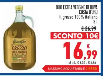 Conad OLIO EXTRA VERGINE DI OLIVA COSTA D'ORO il grezzo 100% italiano 3 l offerta