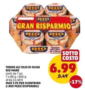 PENNY TONNO ALL'OLIO DI OLIVA RIO MARE conf. da 7 pz 560 g offerta