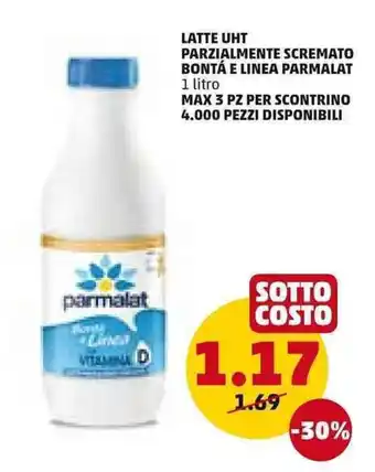 PENNY LATTE UHT PARZIALMENTE SCREMATO BONTÁ E LINEA PARMALAT 1 litro offerta