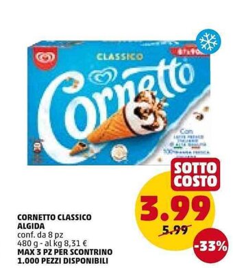 PENNY CORNETTO CLASSICO ALGIDA conf. da 8 pz 480 g offerta