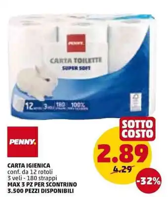 PENNY PENNY CARTA IGIENICA conf. da 12 rotoli 3 veli - 180 strappi offerta