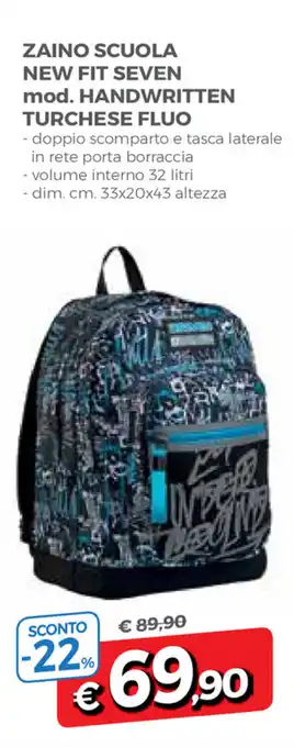 Famila Zaino Scuola New Fit Seven mod. Handwritten Turchese Fluo offerta