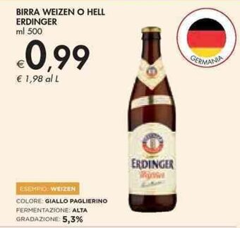 Bennet BIRRA WEIZEN O HELL ERDINGER ml 500 offerta