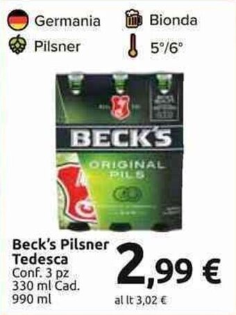 Carrefour Market Beck's Pilsner Tedesca Conf. 3 pz 330 ml Cad. 990 ml offerta