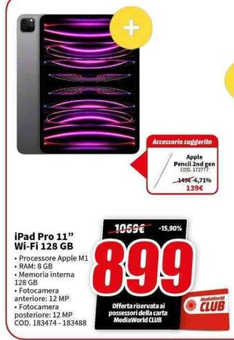 MediaWorld iPad Pro 11" Wi-Fi 128 GB offerta