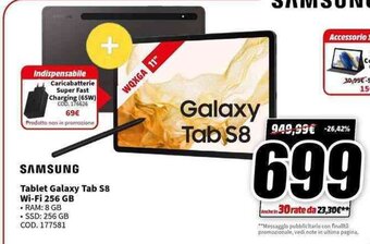 MediaWorld SAMSUNG Tablet Galaxy Tab S8 Wi-Fi 256 GB offerta