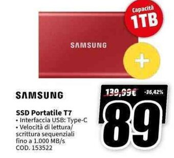 MediaWorld SAMSUNG SSD Portatile T7 offerta