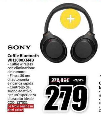 MediaWorld SONY Cuffie Bluetooth WH1000XM4B offerta