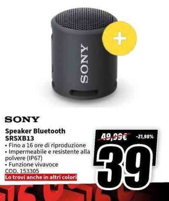 MediaWorld SONY Speaker Bluetooth SRSXB13 offerta