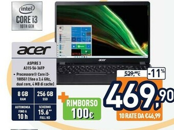 Unieuro Acer Aspire 3 A315-56-36FP Computer Portatile 39,6 Cm (15.6") Full HD Intel® Core™ I3 Di Decima Generazione 8 GB DDR4-SDRAM 2 offerta