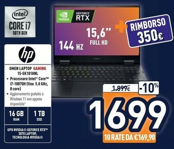 Unieuro HP OMEN 15-ek1018nl DDR4-SDRAM Computer Portatile 39,6 Cm (15.6") 1920 X 1080 Pixel Intel® Core™ I7 Di Decima Generazione 16  offerta