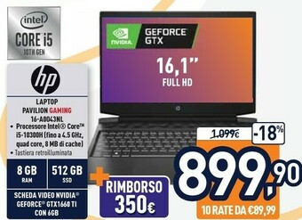 Unieuro HP Pavilion Gaming 16-a0043nl DDR4-SDRAM Computer Portatile 40,9 Cm (16.1") 1920 X 1080 Pixel Intel® Core™ I5 Di Decima Gener offerta