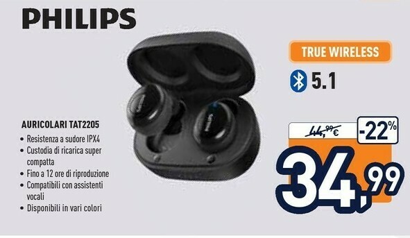 Philips 2000 Series TAT2205BK/00 Cuffia E Auricolare Nero Bluetooth offerta  di Unieuro
