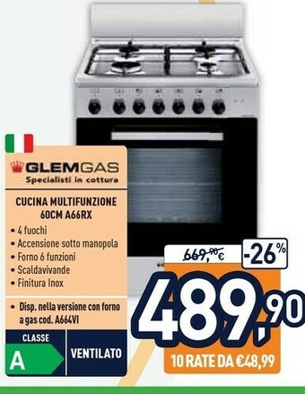 Unieuro Glem gas Cucina Multifunzione 6ocm A66RX offerta