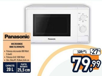 Unieuro Panasonic NN-K10J , Microonde Grill, 20 Lt, Pannello Intuitivo offerta