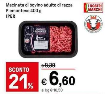 Iper La Grande Macinata di bovino adulto di razza Piemontese 400 g IPER offerta
