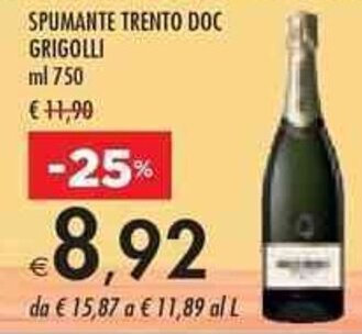 Bennet SPUMANTE TRENTO DOC GRIGOLLI ml 750 offerta