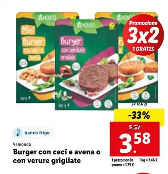 Lidl Vemondo Burger con ceci e avena o con verure grigliate 3x160g offerta