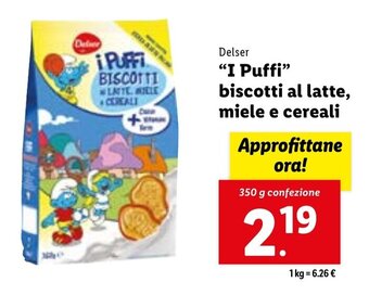 Lidl Delser "I Puffi" biscotti al latte, miele e cereali 350 g confezione offerta