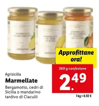 Lidl Agrisicilia Marmellate Bergamotto, cedri di Sicilia o mandarino tardivo di Ciaculli 360 g confezione offerta