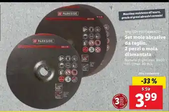 Lidl PARKSIDE PERFORMANCE® Set mole abrasive da taglio, 2 pezzi o mola diamantata Numero di giri: max. 6600 min-1/max. 80 m/s offerta