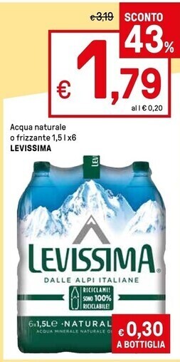 Iper La Grande Levissima acqua naturale o frizzante offerta
