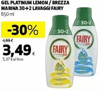 Ipercoop Fairy Platinum Gel Lemon / Brezza Marina 30+2 lavaggi 650ml offerta
