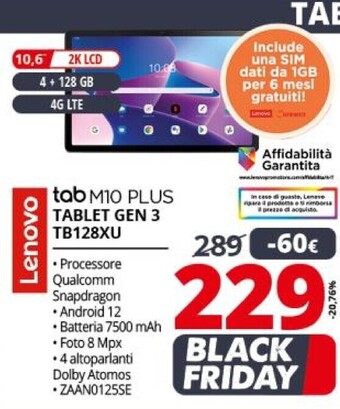 Comet Lenovo tab m10 plus tablet gen 3 tb128xu offerta