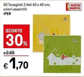 Iper La Grande 50 Tovaglioli 3 Veli 40 x 40 cm, colori assortiti IPER offerta