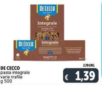 Deco Supermercati DE CECCO pasta integrale varie trafile g 500 offerta