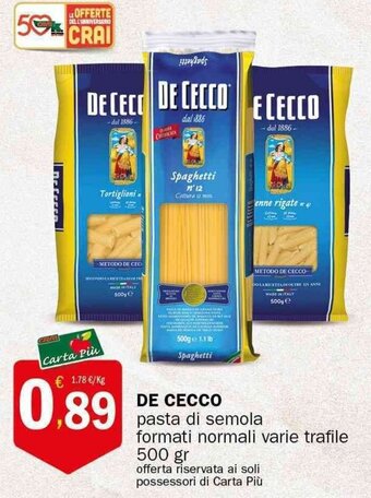 Crai DE CECCO pasta di semola formati normali varie trafile 500 gr offerta
