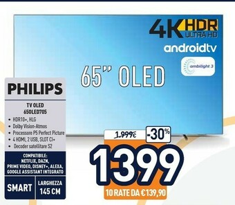Unieuro Philips 65OLED705 165,1 Cm (65") 4K Ultra HD Smart TV Wi-Fi Nero offerta