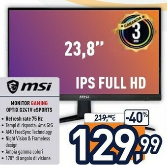 Unieuro MSI Optix G241V 60,5 Cm (23.8") 1920 X 1080 Pixel Full HD LCD Nero offerta