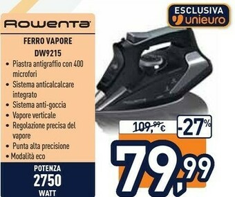 Unieuro Rowenta DW9215 Steamforce, Ferro Da Stiro, Piastra Profilata Microsteam400 Con 400 Micro Fori, Emissione Vapore 45 G/min, Col offerta