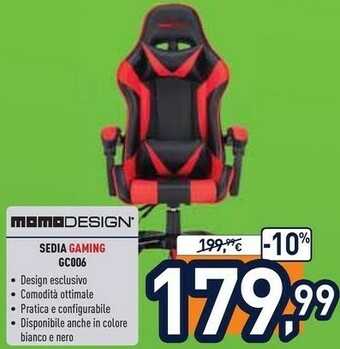 Unieuro Momodesign MD-GC006-KR Sedia Per Videogioco Sedia Da Gaming Per PC Seduta Imbottita Nero, Rosso offerta
