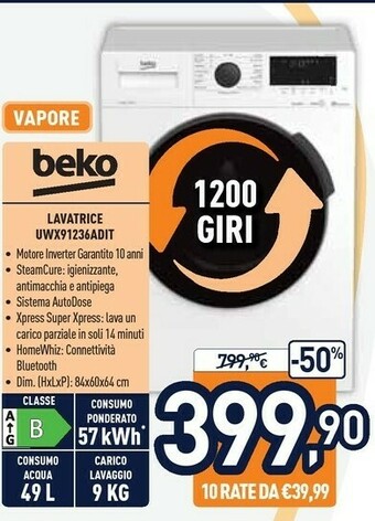 Unieuro Beko UWX91236AD-IT Lavatrice Libera Installazione Caricamento Frontale 9 Kg 1200 Giri/min B Bianco offerta