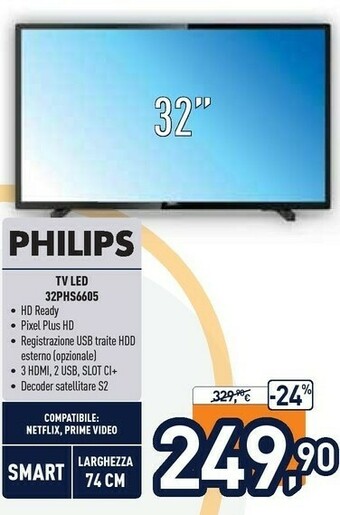 Unieuro Philips 6600 Series 32PHS6605/12 TV 81,3 Cm (32") HD Smart TV Wi-Fi Nero offerta